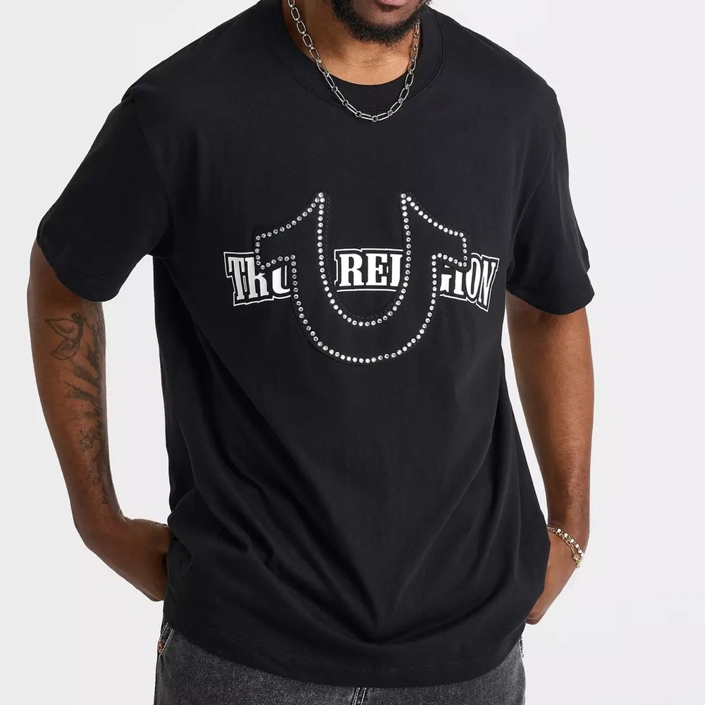 NWT Men’s Size Large Black True Religion Rhinestone Logo Graphic Tee